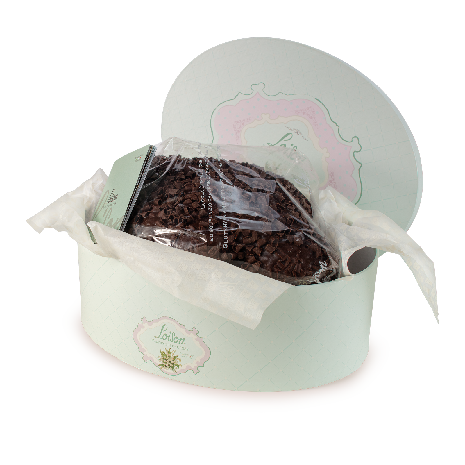Chocolate Colomba cake in hat box